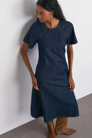 Baumwoll-Denim Midi A-Linie Kleid