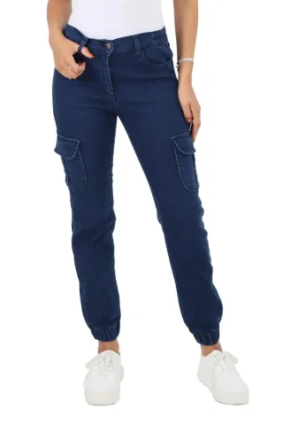 Damen-Jeans mit seitlichem elastischem Bund und Bündchen in dunkler Stonewash-Optik