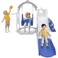 FIVMEN Rutsche 6-in-1 Kinderrutsche, Gartenrutsche Breite Stufen und Griffe, (Freistehende Rutsche aus HDPE & PP, mit Schaukel, Kletterleiter, Stauraum, Basketballkorb und Spielteleskop)