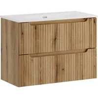 einfachgutemoebel Waschtisch-Set ILUNA Coast Waschplatz 80cm Eiche mit Keramik Einbaubecken, (Badmöbel Set, 1-St., Waschtisch Unterschrank)