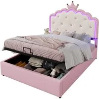 SOFTWEARY Prinzessinbett mit Stauraum und LED-Beleuchtung (140x200 cm), Mädchenbett, Polsterbett für Mädchen, Doppelbett, Kunstleder