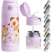 BEARFOOT Trinkflasche Thermo Kinder Trinkflasche Edelstahl - Hund & Katze lila, Thermosflasche, auslaufsicher, Edelstahl, Kinderflasche, BPA-frei