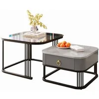 Merax Couchtisch Set Marmoroptik mit Schublade, Beistelltisch hochglanz, Satztisch mit Glasplatte,Wohnzimmertisch