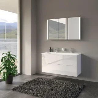 KEUCO Mimas Badmöbelset mit 2 Auszügen, Keramik-Doppelwaschtisch und Spiegelschrank, 120 cm, 2115039 211503960007