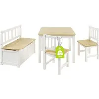 BOMI Kindersitzgruppe Holzsitzgruppe Anna, (Set, 4-tlg., 1x Tisch, 1x Truhenbank & 2x Stühle), Kindertischgruppe aus Holz, als Spiel- & Maltisch