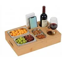 relaxdays Tablett Couchbar mit 3 Edelstahl-Snackschalen, Bambus, natur