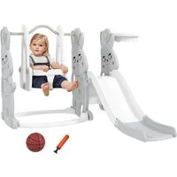 AIYAPLAY Rutsche 4-in-1 Kinderrutsche mit Schaukel Klettergerüst Basketballkorb, (Kleinkinderrutsche, 1-tlg., Kinder Spielplatz), für Indoor und Outdoor, Grau