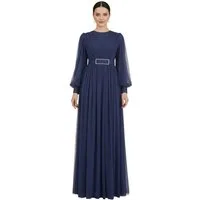 fashionshowcase Abendkleid Damen Maxikleid langarm Tüllkleid elegant mit Gürtel Modest Fashion Fließender Plissee-Rock mit taillierendem Gürtel