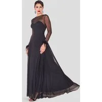 Goddiva Maxikleid Dobby Mesh Feather Sleeve Hem Maxi Dress langes Kleid, Rückenausschnitt, mit Futter