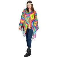 Metamorph Hippie-Kostüm Regenbogen Hippie Batik Poncho - Karneval Fasching, In psychedelischen Farben bedruckter Überwurf mit Fransen