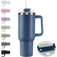 Roomando Thermobecher Becher mit Henkel Strohhalm Edelstahl Autobecher Kaffeebecher blau