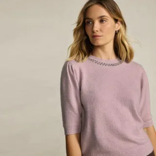 Kurzarm-Pullover Wool Touch mit Strassverzierung für Damen, Damen, size: regular, Braun, Wolle/Polyester/Viskose, by Lands' End