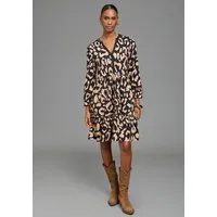 Bruno Banani Jerseykleid mit Satin-Ausschnitt und Stufenrock im Animal-Look, kniefrei, 3/4 Ärmel