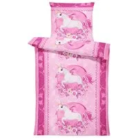 One Home Bettwäsche Motive, Mikrofaser, 4 teilig, Einhorn Pferde Unicorn Kinder, Knitterfrei Weich Sommer und Winter