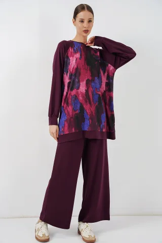 Oversize-Abstract-Druck Rundhals-Tunika & Hosen-Set