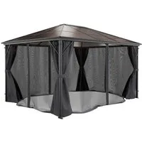 GARMIO Pavillon Pavillon mit Überdachung, Metallgestell Rom mit 4 Säulen, (solide, fest, mit Vorhang, mit Mückennetz, 2,7m Höhe, Zubehör zur Montage, 3x4m, Pavillon schwarz), wasserdicht, UV-Schutz, mit Polycarbonat Platten