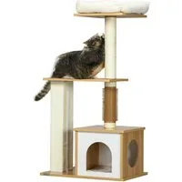 PawHut Kratzbaum 114 cm hoch, Katzenbaum, mehrstöckiger Katzenkratzbaum mit Katzenhöhle, Eiche
