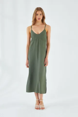 V-Ausschnitt Schlitz-Midi-Kleid