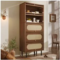 BlingBin Hochschrank Kommoden Nussbaum mit Rattan 80x40x163 cm (1-St., Highboard mit 5 Klappen & Metallbeinen) Stauraumschrank für Wohnzimmer/Flur/Küche, mit Kippschutz
