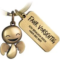 FABACH Schlüsselanhänger Schutzengel Happy mit Gravur - Fahr vorsichtig - Geschenk Führerschein