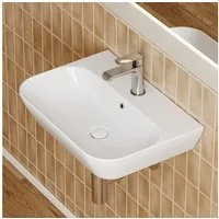 HOROW Aufsatzwaschbecken Waschbecken Hängewaschbecken Keramik mit Nanobeschichtung (Pflegeleicht, weiß ohne Armutar, mit Hahnloch und Überlauf)