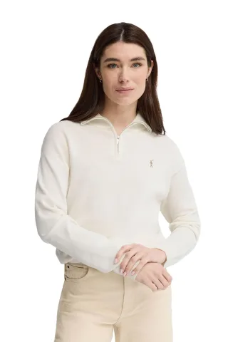 Pullover ecru mit Zip-Kragen und Rigby Go Stickerei