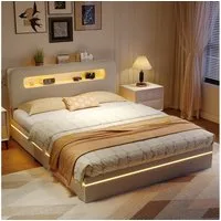 PXloue Polsterbett LED Doppelbett 140x200 cm (USB-Ladeanschluss), Bettkasten, Ladefunktion, Teddysamt, 160x200