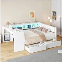 REDOM Stauraumbett Funktionsbett,Einzelbett,Kinderbett,Jugendbett (Holz-Plattformbett mit LED-Licht, Stauraum, Schubladen & Ladestation – Gepolstertes Kopfteil, modernes Design für Schlafzimmer, Jugendzimmer & Gästezimmer, 140x200), mit Ablageflächen