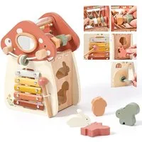 CLTYQ Motorikwürfel Holzspielzeug Montessori Spielzeug 5 in 1( Rosa Pilz) Motorikspielzeug, Sortierspiel,Activity Center kinder,Lernspielzeug für Kinder mit Sound