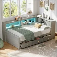 SOFTWEARY Stauraumbett mit LED-Beleuchtung und Schubladen (90x200 cm, mit Lattenrost, Regal, Schrank und USB/Type-C Anschlüssen), Schlafsofa, Einzelbett, Jugendbett, Kiefer