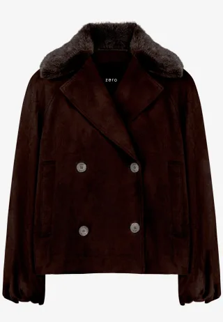 zero - Velourslederjacke mit Kunstfellkragen chocolate plum - Gr. - 36