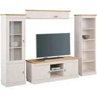 OTTO home Wohnwand Indra, (Set, 4-St), 4-teiliges Set: Vitrine, Lowboard, Wand- & Standregal, Kiefer massiv