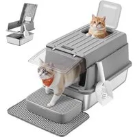 FEANDREA Katzentoilette Katzenklo Edelstahl, mit Deckel, mit Schaufel, Katzenstreumatte, 2 Eingängen, für Katzen bis 15 kg, 60 x 40 x 38 cm (L x B x H)