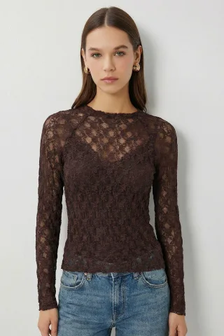 Strukturiertes Spitzen-Bluse mit langen Ärmeln