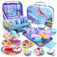 Auney Spielküche Teeservice Kinder Meerjungfrau 36 Teile Spielküche mit Koffer, Teeservice 36 Teile Meerjungfrau Design mit Koffer Zubehör Set