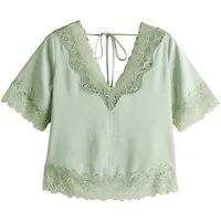 Next Kurzarmbluse Satin-Oberteil mit V-Ausschnitt und Spitze (1-tlg)