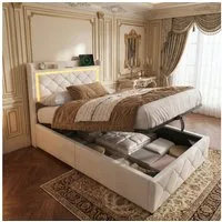 Gdood Stauraumbett Polsterbett Doppelbett LED, Samtstoff (1-tlg., Mit Lattenrost und Ladefunktion, Leinenmaterial Polsterbett), Modernes Jugendbett, Leises Design Bett, Max. Belastbarkeit 350 kg