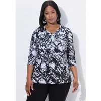 Ulla Popken T-Shirt Pima Cotton Shirt Ziersteine A-Linie V-Ausschnitt
