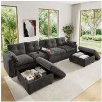 i@home Ecksofa Modulare Ecksofa Wohnlandschaft 6-Sitzer U-/L-Form, mit Ablagefläche,Staufach & versenkbaren Getränkehaltern, Grau