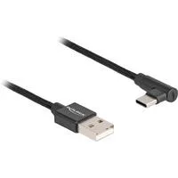 USB 2.0 Kabel, USB-A Stecker > USB-C Stecker schwarz, 2 Meter, gesleevt, 90° abgewinkelt