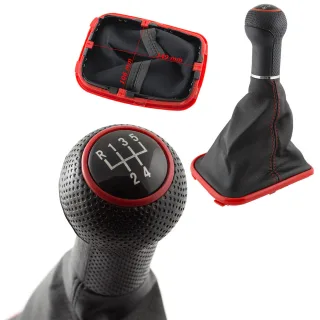 PREMIUM Edition Schaltknauf Knauf Schwarz Rot Leder 5-Gang für VW Golf 4 IV Bora