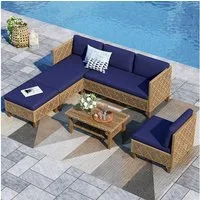 PHI VILLA Gartenlounge-Set, (1 Zweisitzer-Sofa, 2 Einzelsofas, 1 Chaiselongue und 1 Kleiner Couchtisch, PE Rattan Lounge Möbel Outdoor), 6 Personen Terassenmöbel Außen Gartensofa, Beige und Dunkelblau