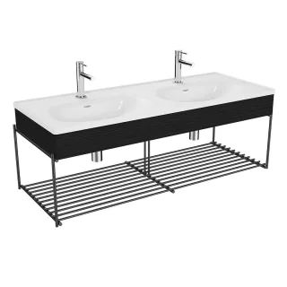 VitrA Equal Set Doppelwaschtisch 130 cm mit Holzblende und Ablage 2 Becken 2 Hahnlöcher,64100 64100