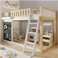 Merax Hochbett (1-St., Jugendbett Einzelbett) Kinderbett 90x200cm mit Tafel, Leiter, Aufbewahrungsbox & Stauraum
