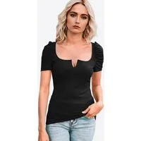 Imily Bela T-Shirt Damen Geripptes mit Puffärmeln Quadratischer Kragen und V-Notch (Packung, 1-tlg., 1per-Pack) in Unifarbe