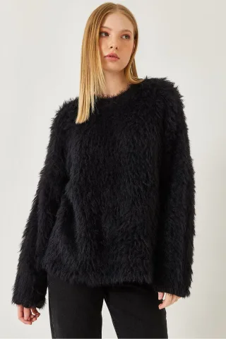 Übergröße Texturiertes Strickpullover mit Plüschdetails