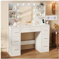 HOMALL Schminktisch mit Spiegel, LED-Beleuchtung, einstellbare Helligkeit, ostern (Langex Brete x Hthe) 90/110 x 40x 135 cm. B ofene Facher (2 seitiche Facher sind nach inks und rechts verschiebban. 2 groBe Schubladen)