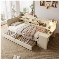 SOFTWEARY Stauraumbett mit Schreibtisch (90x200 cm, Lattenrost, Regal, Schubladen, USB und Type-C Anschluss), Einzelbett, Polsterbett, Leinen