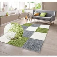 TeppichHome24 Teppich Shaggy Teppich in Karo Design Grün Grau Creme, rechteckig