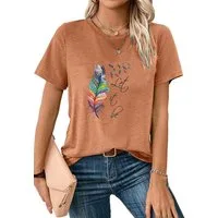 PYLIKE Print-Shirt Damen Böhmen Kurzarmshirt mit Feder Druck bequemes t shirt Bequem für Freizeit und Büro,Strandurlaub